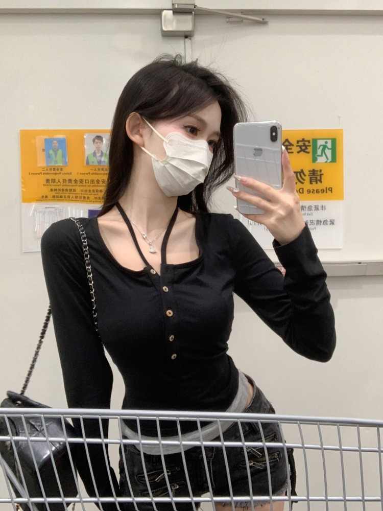 Tue. 圓領打底鈕扣垂墜兩穿上衣 綠/黑