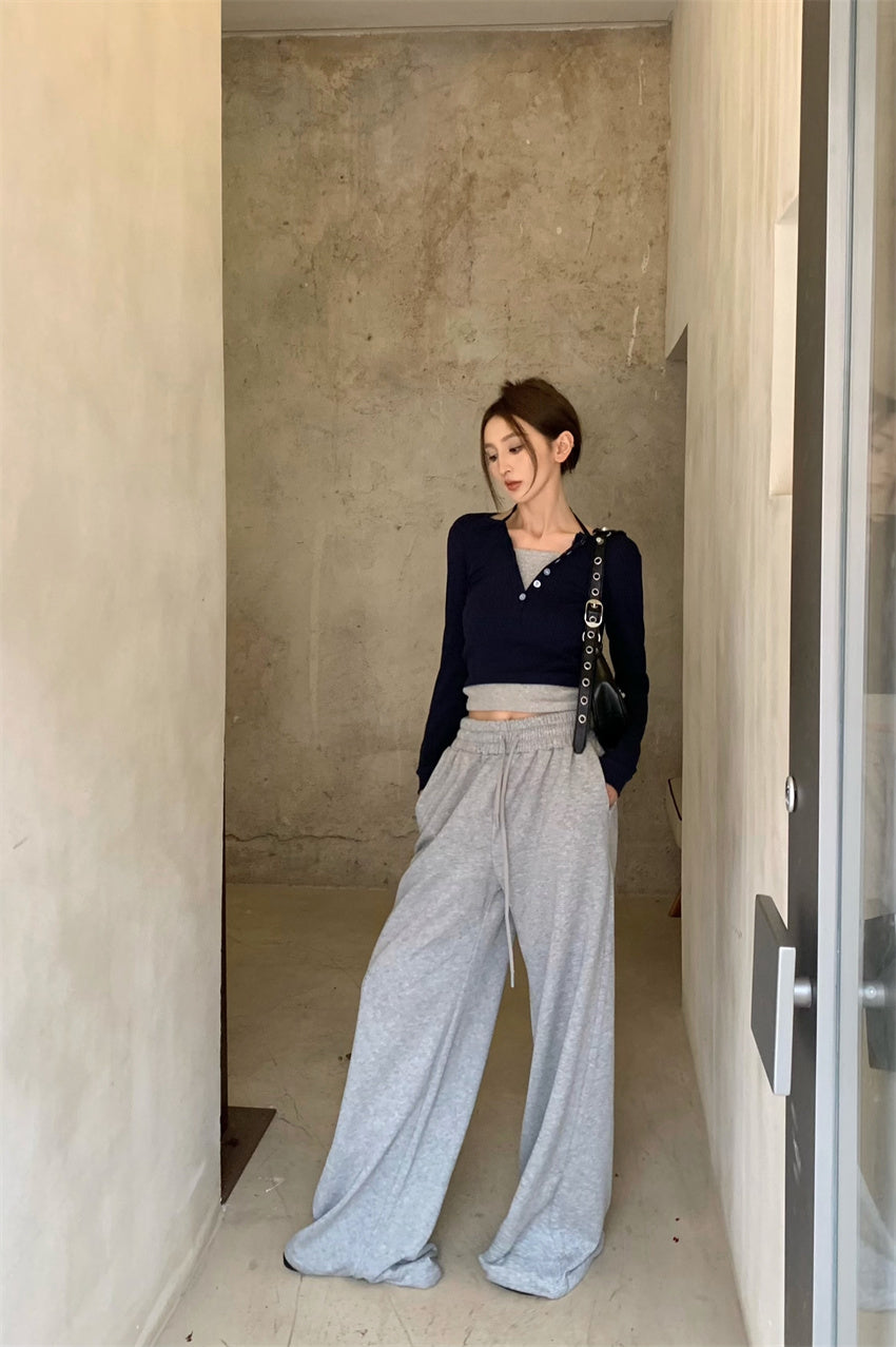 Wed. 假兩件式排扣上衣 & 運動休閒褲 灰