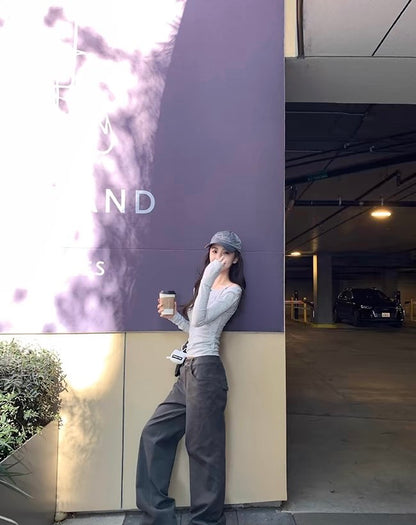 Mon. 百搭簡約美式直筒修身工裝褲 水泥灰
