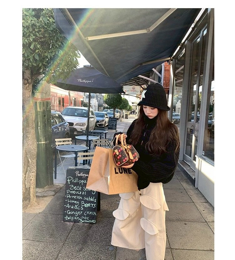 Thu. 濟州橙酒 厚麻花鈕扣高領針織上衣 黑