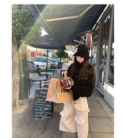 Thu. 濟州橙酒 厚麻花鈕扣高領針織上衣 黑