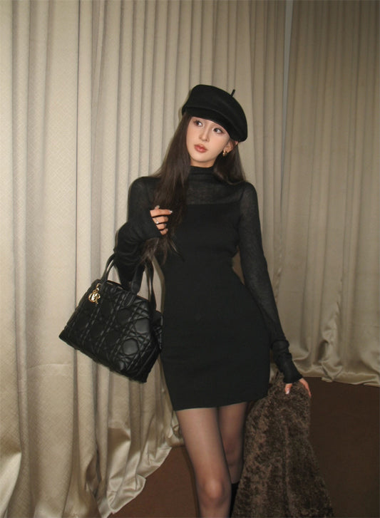 Wed. 透視感親膚針織高領連衣裙 黑/白