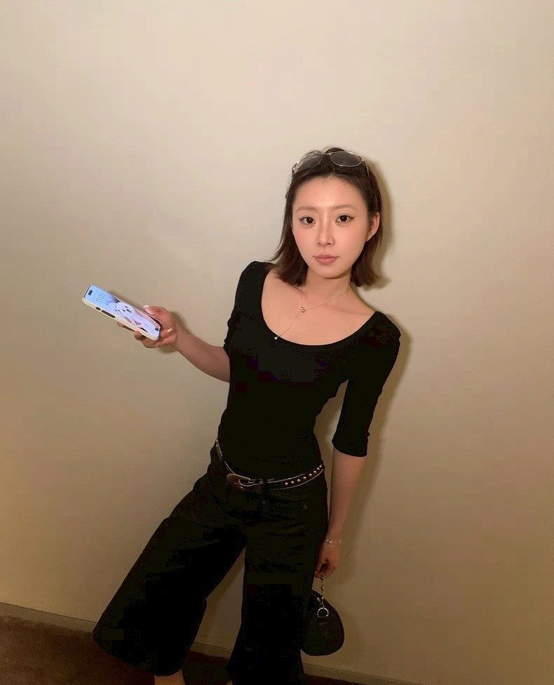 Tue. 美式正肩U領百搭五分袖上衣 灰/黑