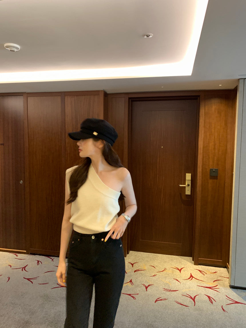 Thu. 針織斜肩背心 Pink/White