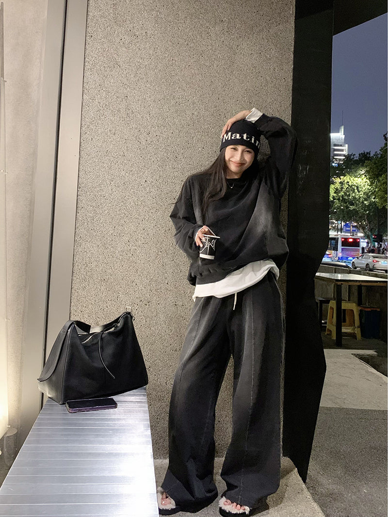 Sat. 美式休閒牛仔衛衣 休閒褲 (新色刷舊灰黑)