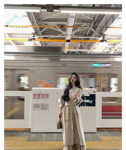 Mon. 諾丁山秋冬雙排扣混紡風衣 灰米色