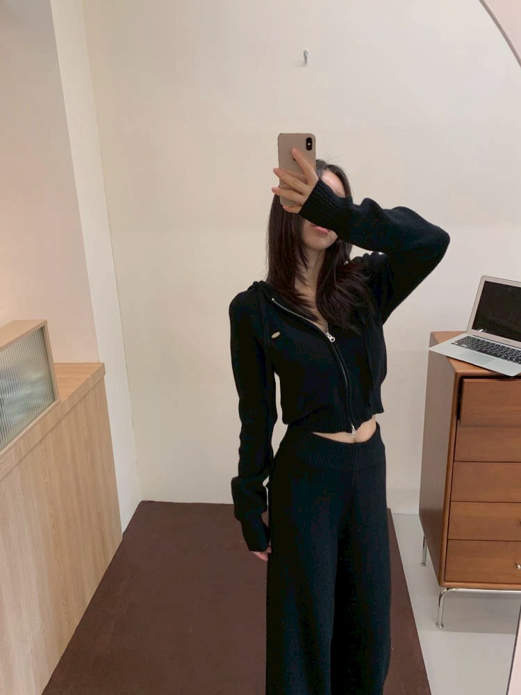 Mon. 運動休閒雙拉鏈連帽針織休閒褲套裝 黑