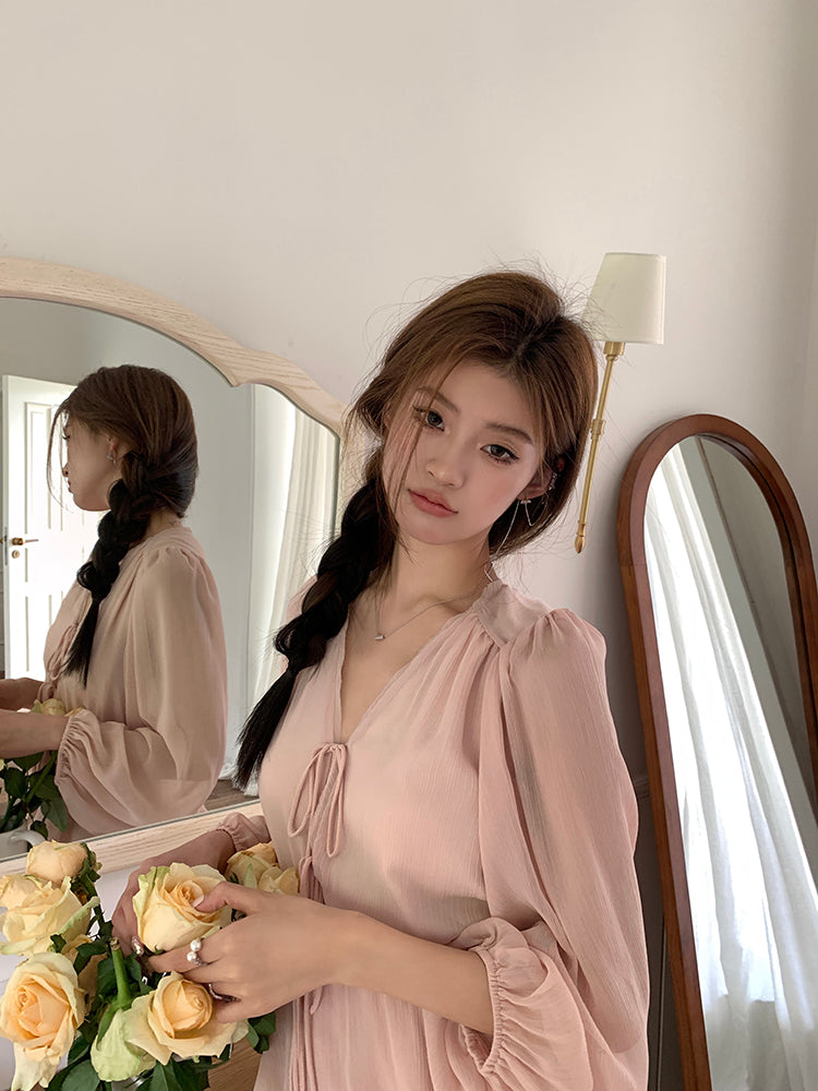 Thu. 長袖燈籠氣質短洋裝 粉