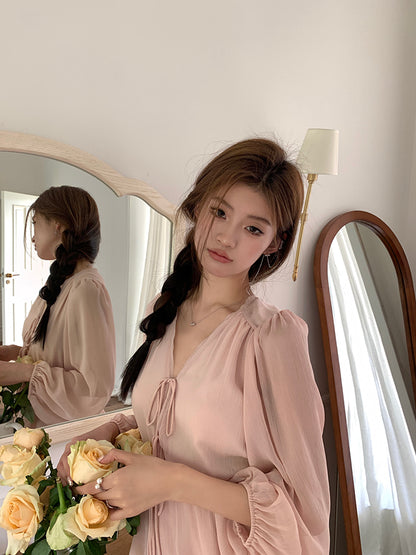 Thu. 長袖燈籠氣質短洋裝 粉