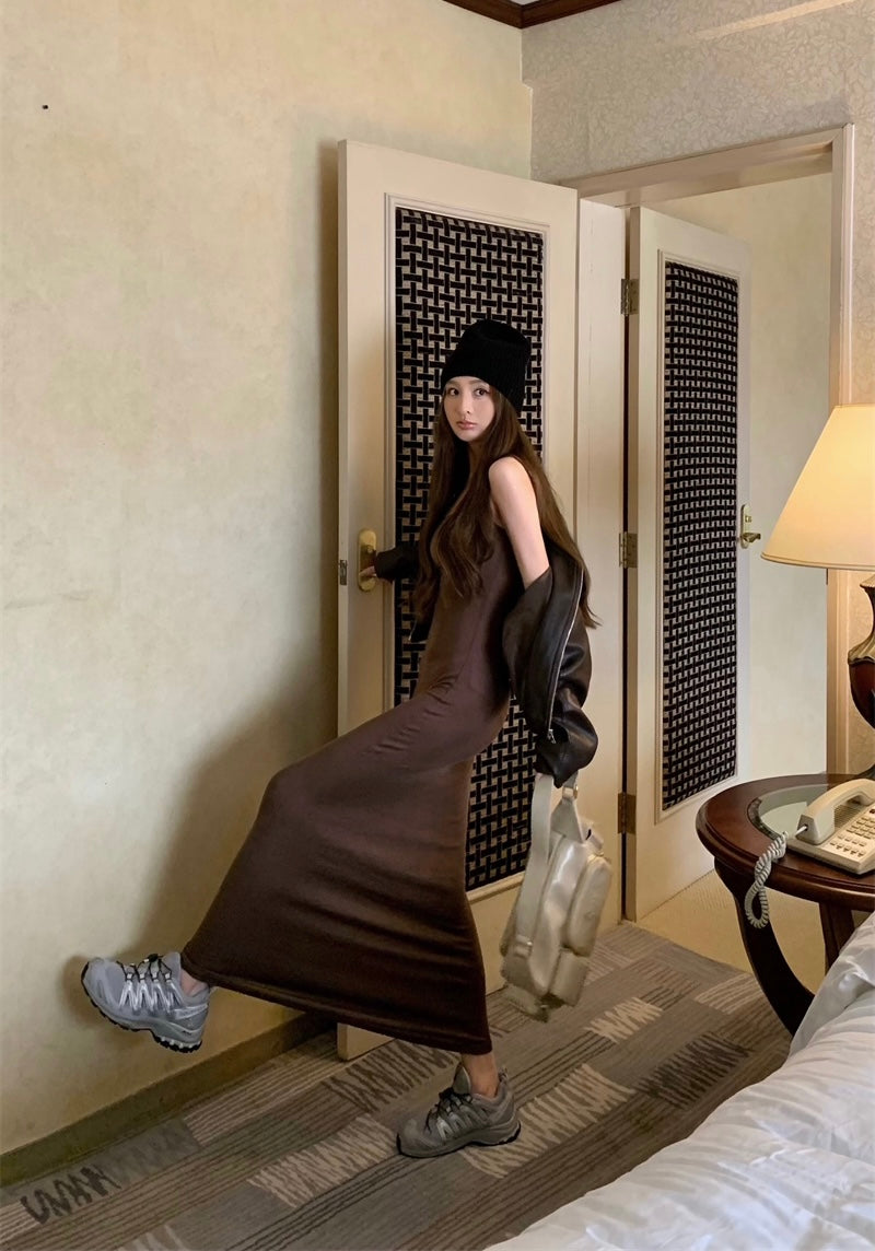 Mon. 細肩透視感連身長裙/短版皮外套 2色