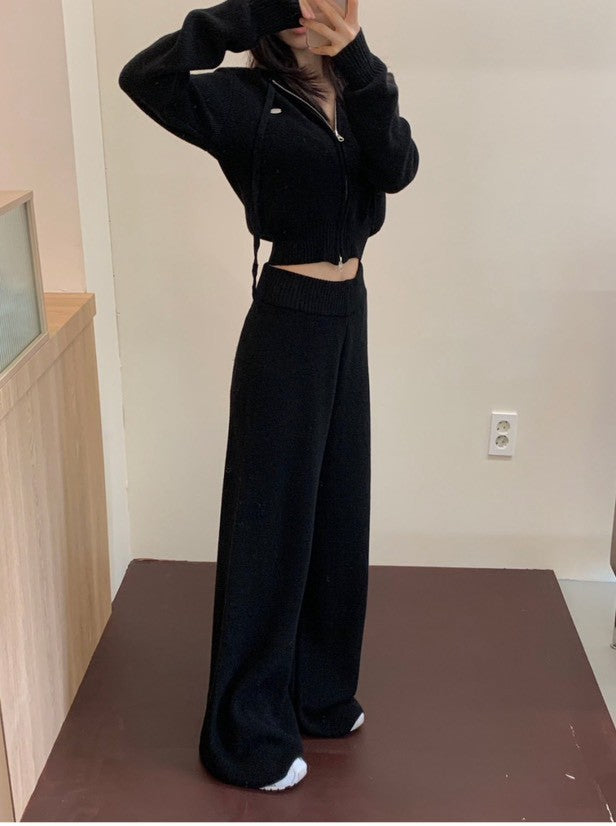 Mon. 運動休閒雙拉鏈連帽針織休閒褲套裝 黑