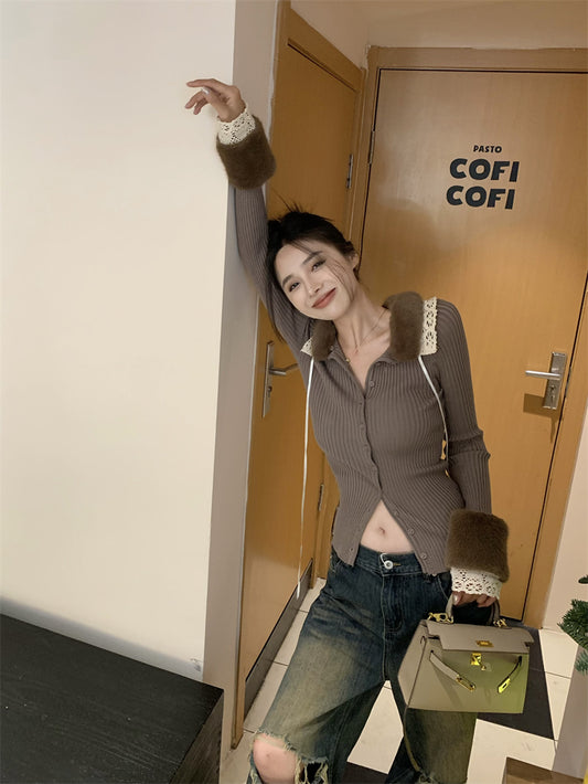 Thu. 絲絨Cake 水貂毛拼接領袖針織上衣 咖