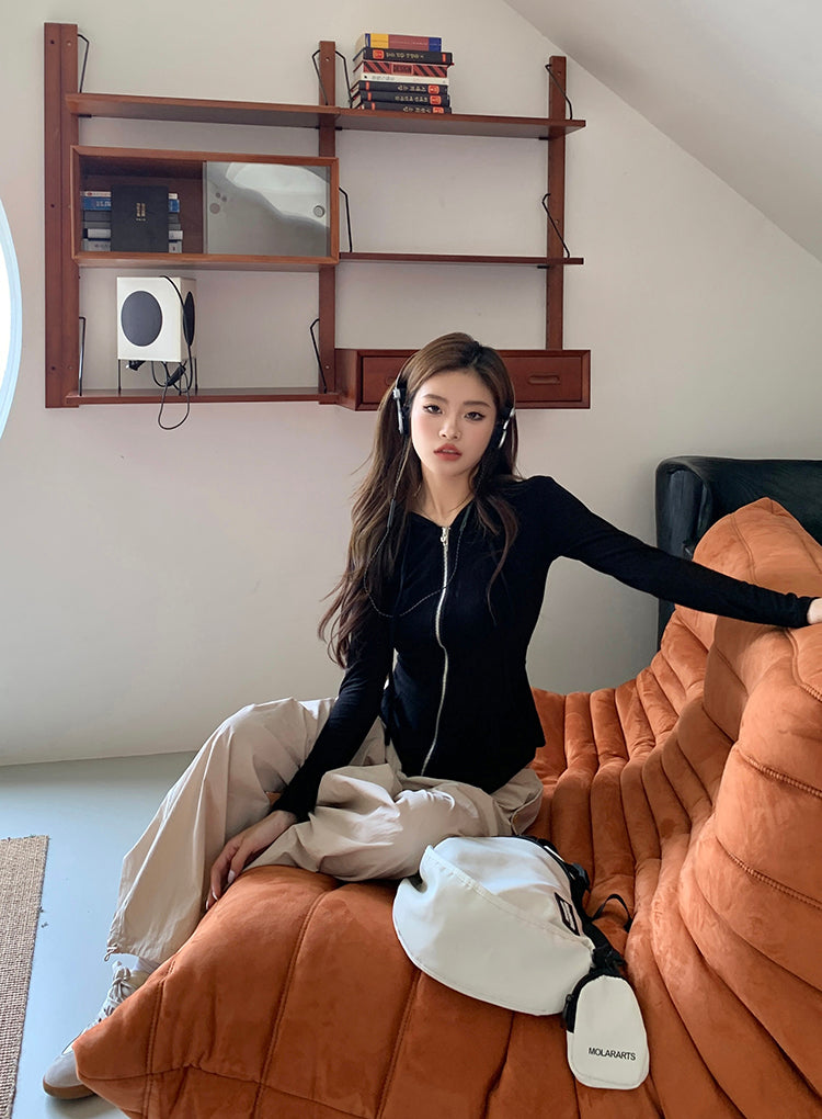 Sat. 美式修身連帽外套 黑 & 慵懶杏色工作褲