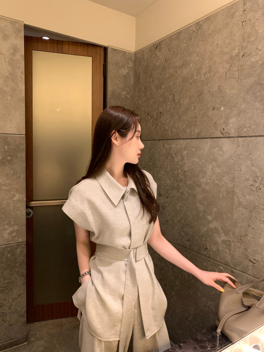 Tue. 韓系女主氣質翻領長款襯衫闊腿褲套裝 卡其