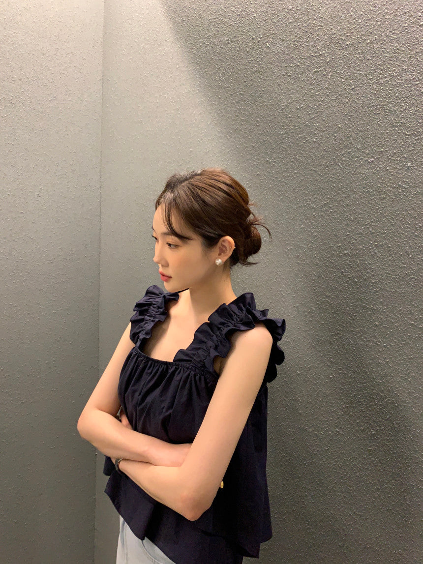 Wed. 荷葉袖雙層設計背心 深藍