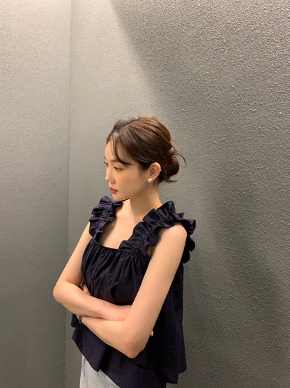 Wed. 荷葉袖雙層設計背心 深藍