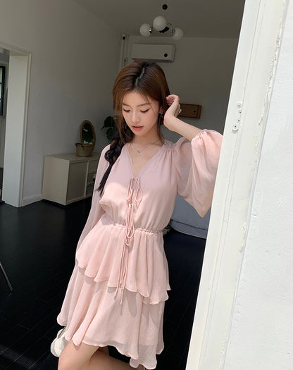 Thu. 長袖燈籠氣質短洋裝 粉