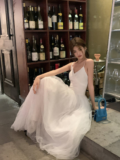 Sun. 芭蕾網紗拼接連身裙 白