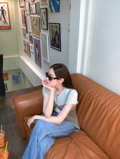 Thu. 撞色短版上衣+開叉背心 灰T卡其色背心