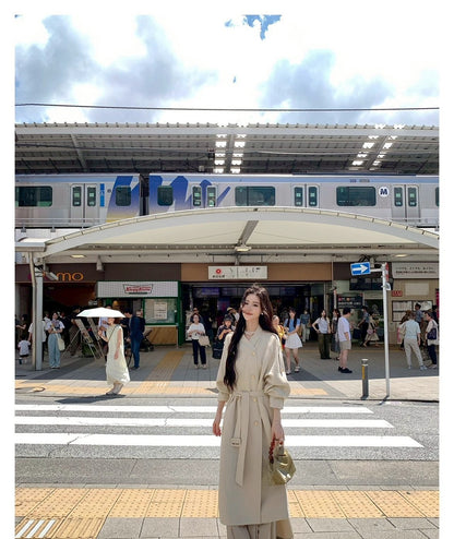 Mon. 諾丁山秋冬雙排扣混紡風衣 灰米色