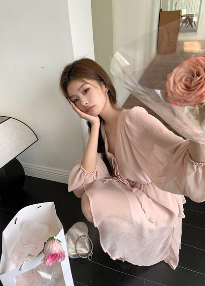 Thu. 長袖燈籠氣質短洋裝 粉
