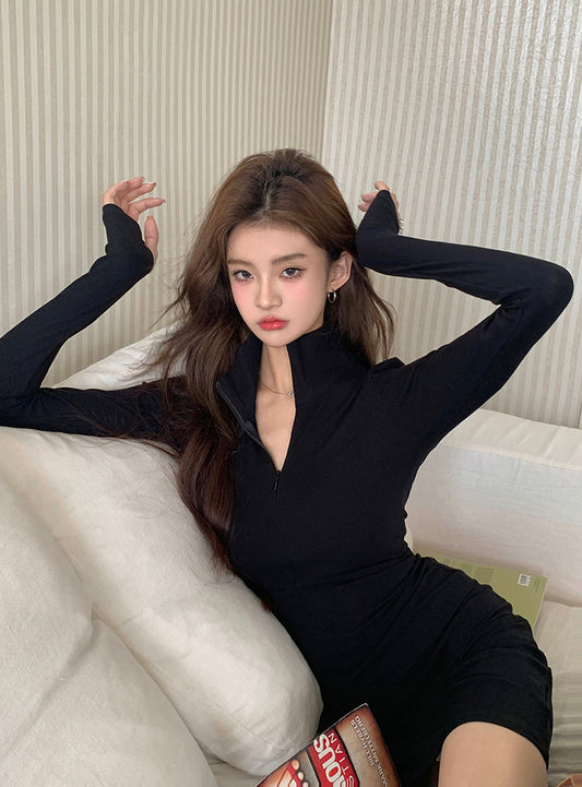 Wed. 半高領歐美性感包臀連身裙 黑