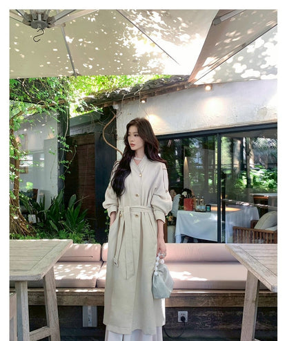 Mon. 諾丁山秋冬雙排扣混紡風衣 灰米色