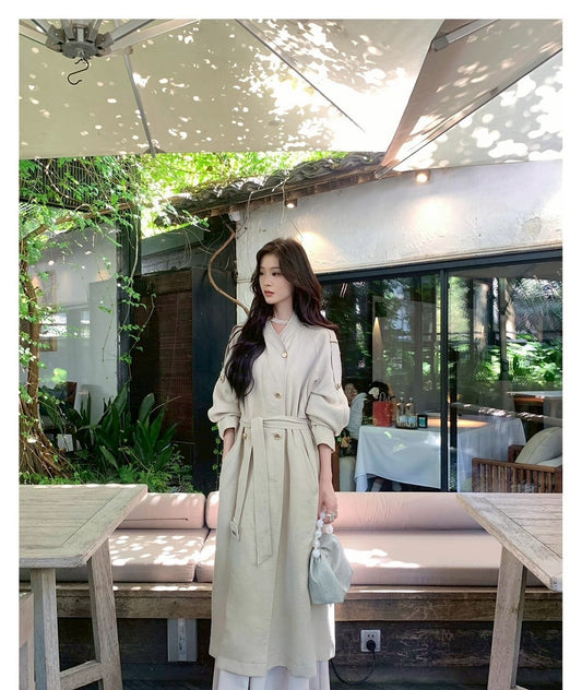 Mon. 諾丁山秋冬雙排扣混紡風衣 灰米色