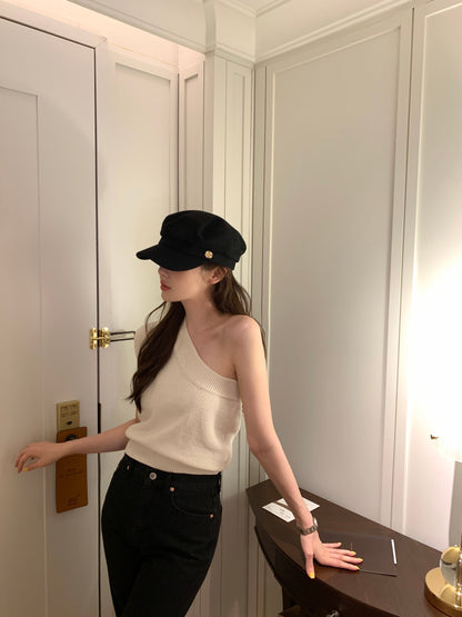 Thu. 針織斜肩背心 Pink/White