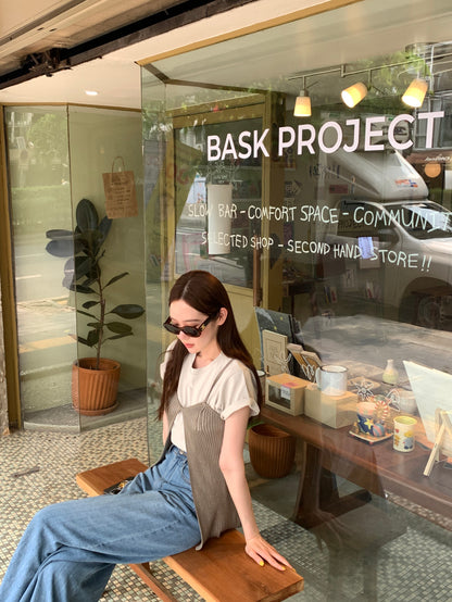 Thu. 撞色短版上衣+開叉背心 灰T卡其色背心