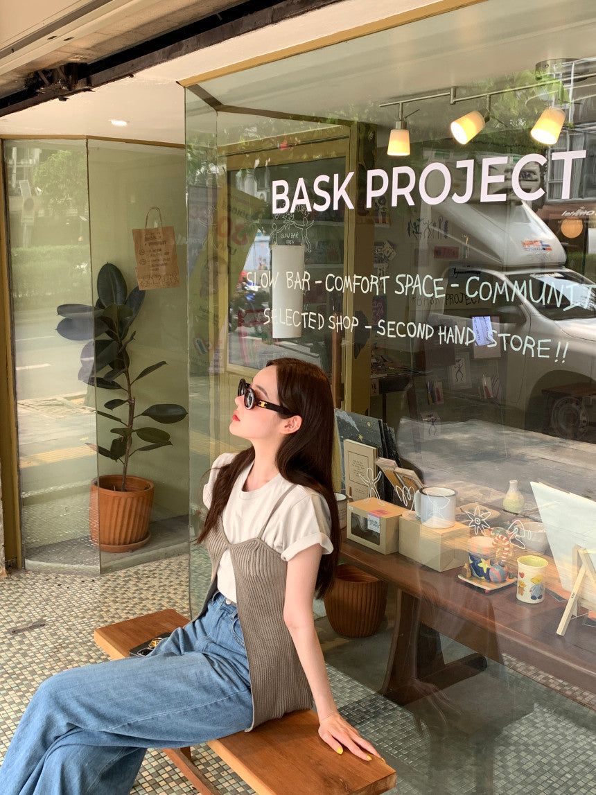 Thu. 撞色短版上衣+開叉背心 灰T卡其色背心