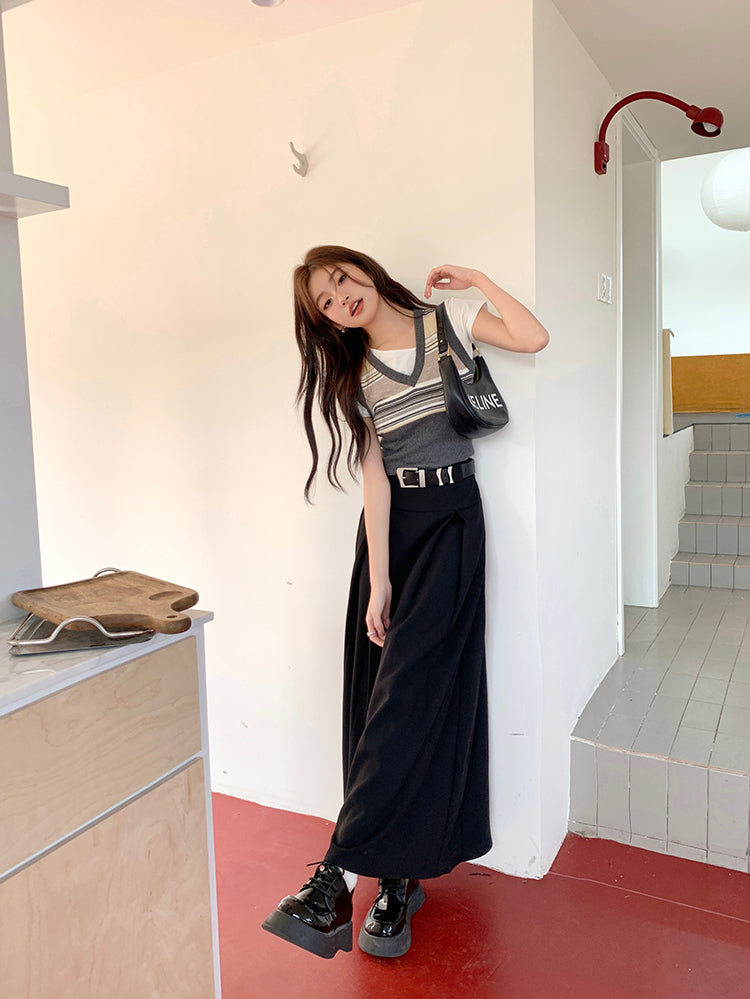 Mon. 質感西裝百摺長裙 黑