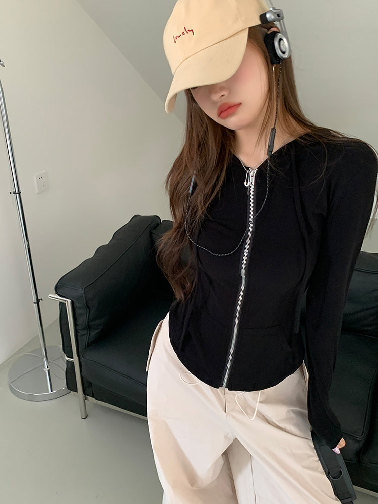 Sat. 美式修身連帽外套 黑 & 慵懶杏色工作褲