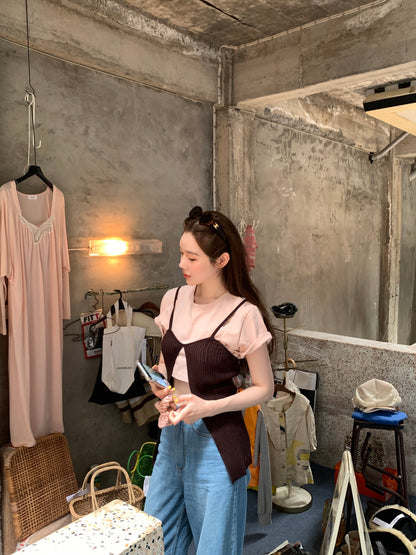 Thu. 撞色短版上衣+開叉背心 粉T棕色背心