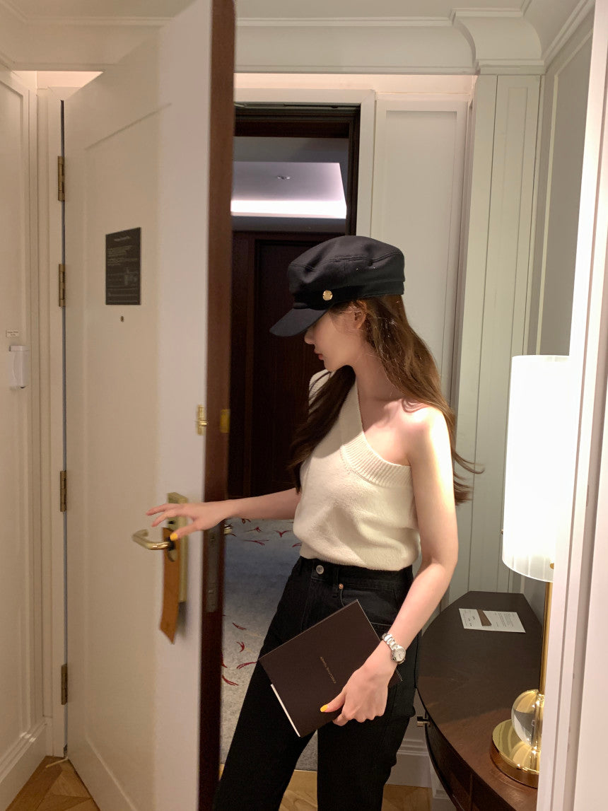 Thu. 針織斜肩背心 Pink/White