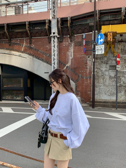 Fri. 休閒慵懶圓領衛衣 韓版百搭褲裙 花灰卡褲