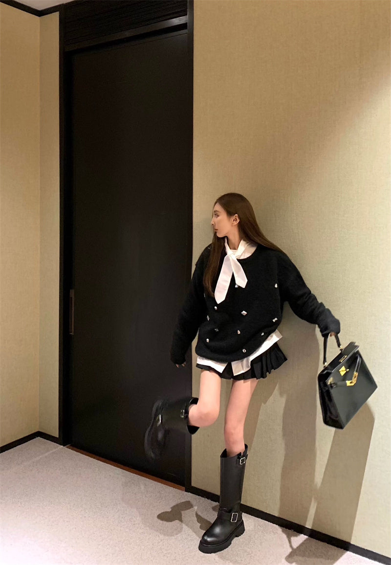 Tue. 軟糯釘鑽圓領針織上衣 領結白襯衫