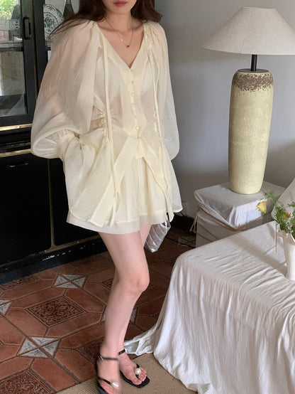 Sat. 雲朵澎澎v領襯衫套裝 米白