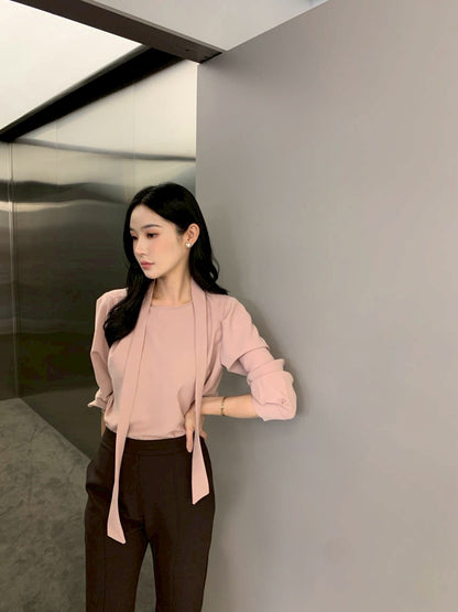 Fri. 法式新款掛脖飄帶氣質上衣 粉/藍