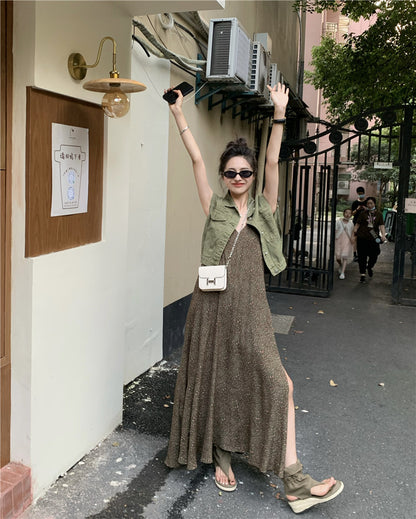 Thu. 復古v領連身長裙 復古排扣背心