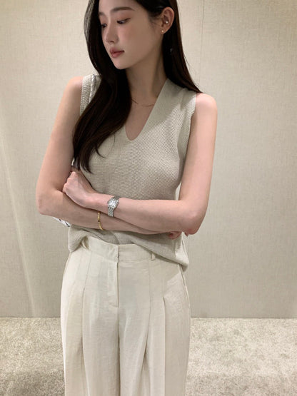 Tue. 涼爽織紡V領後背交叉背心 杏