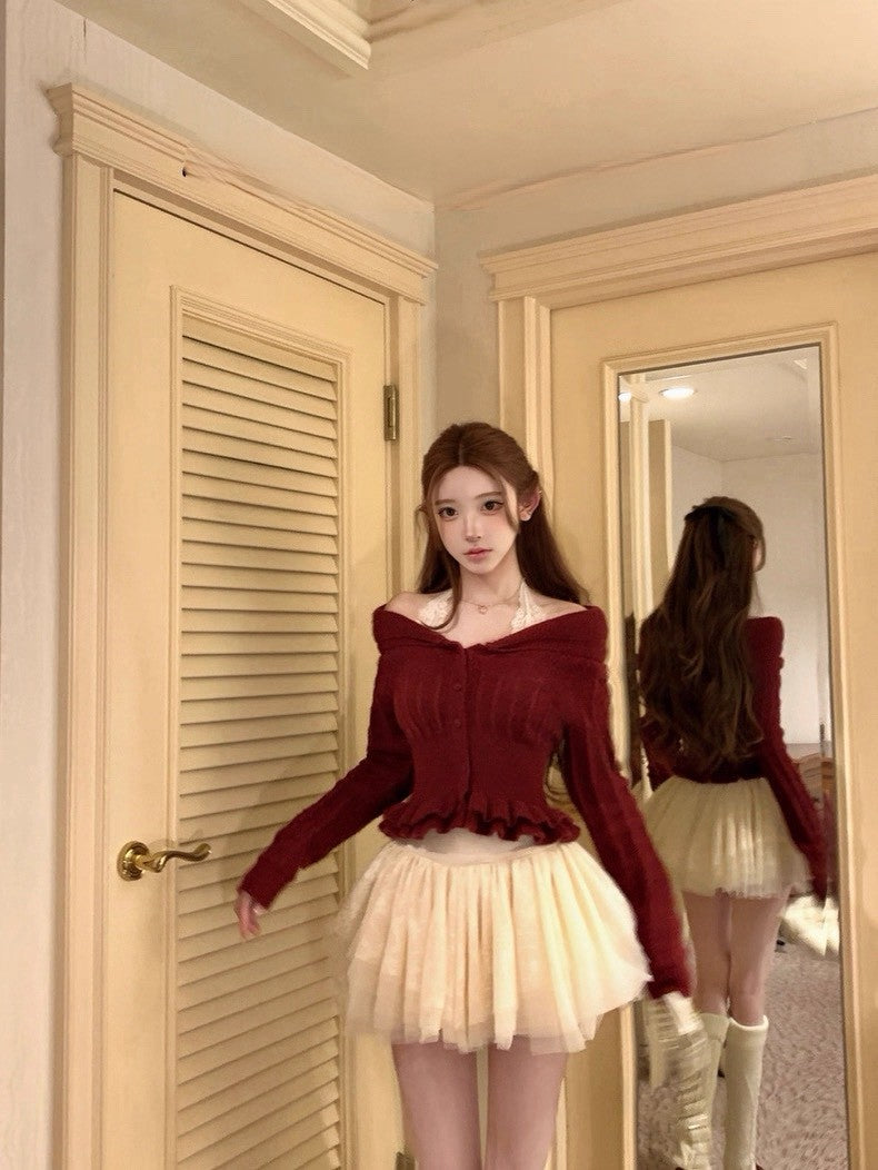 Tue. 溫婉雪松vtg木耳邊翻領羊毛衣 蛋白皺皺半身裙 紅/短款