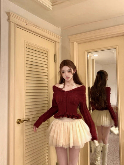 Tue. 溫婉雪松vtg木耳邊翻領羊毛衣 蛋白皺皺半身裙 紅/短款