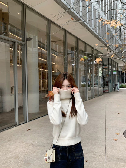 Mon. 軟糯糯浣熊絨羊毛高領百搭上衣 米白/粉