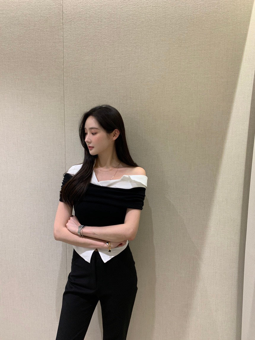 Tue. Elle庫尼假兩件式襯衫上衣 黑