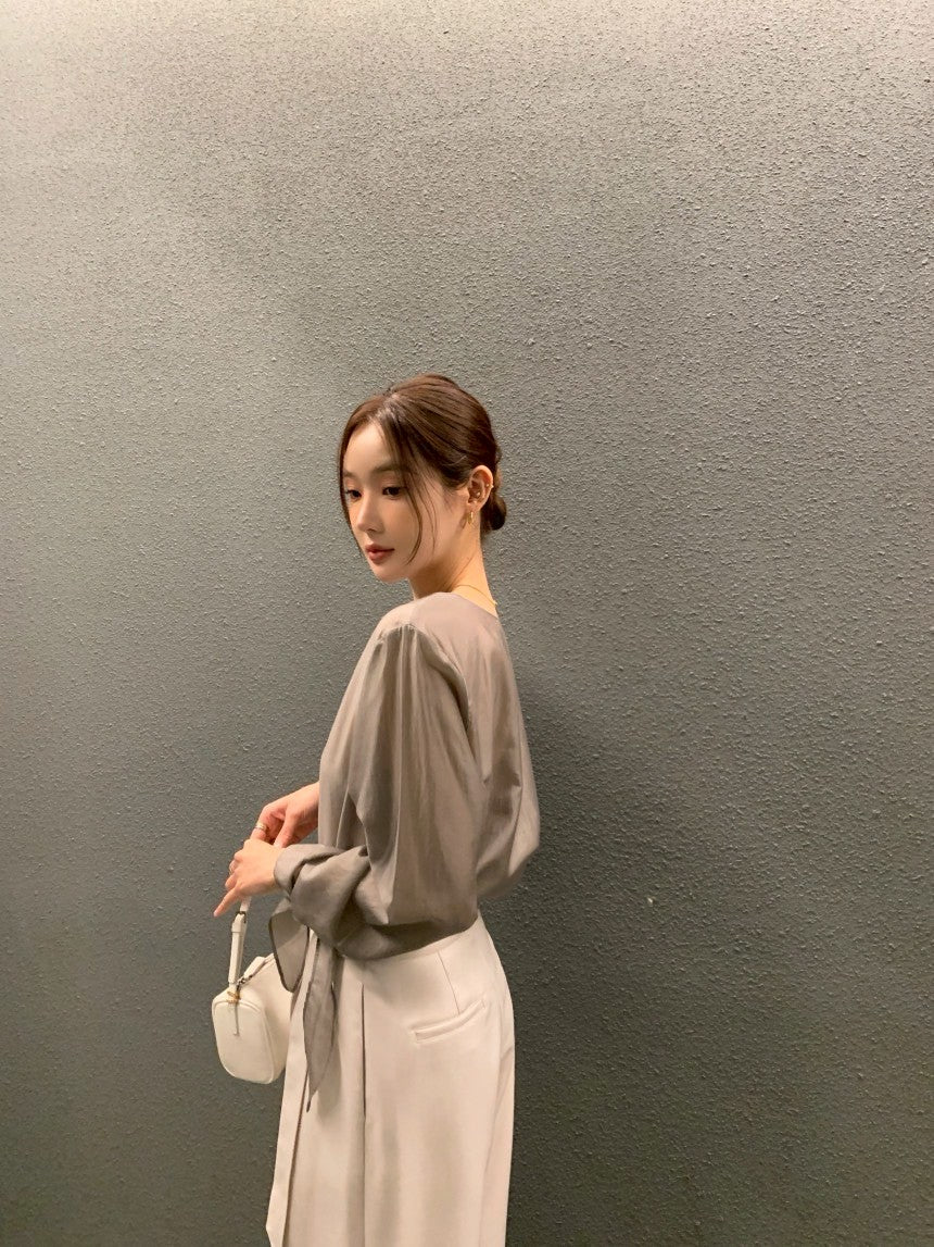 Thu. 春夏chic韓系簡約蝴蝶結綁袖上衣 灰色/黑色