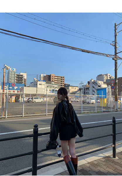 Thu. 氣質雲朵燈籠袖立領短款皮夾克