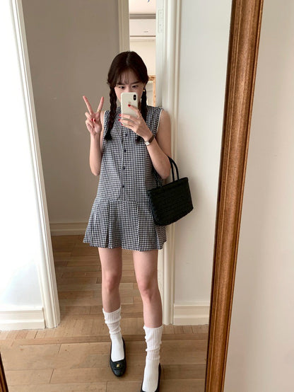 Mon. 小清新俏皮感兩花色選背心拼接連身裙 格紋/白