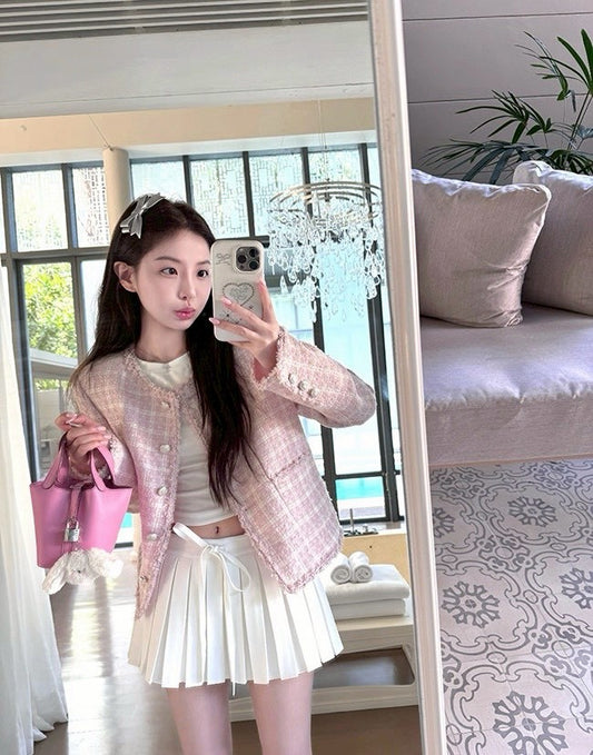 Fri. 少女甜心粉格粗呢小香外套