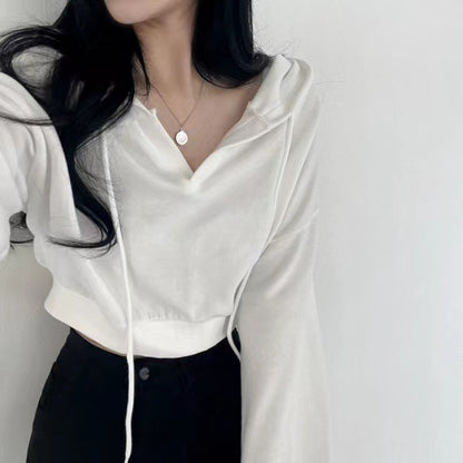 Mon. 元氣女孩百搭連帽短款上衣 白/黑（加購不單售）